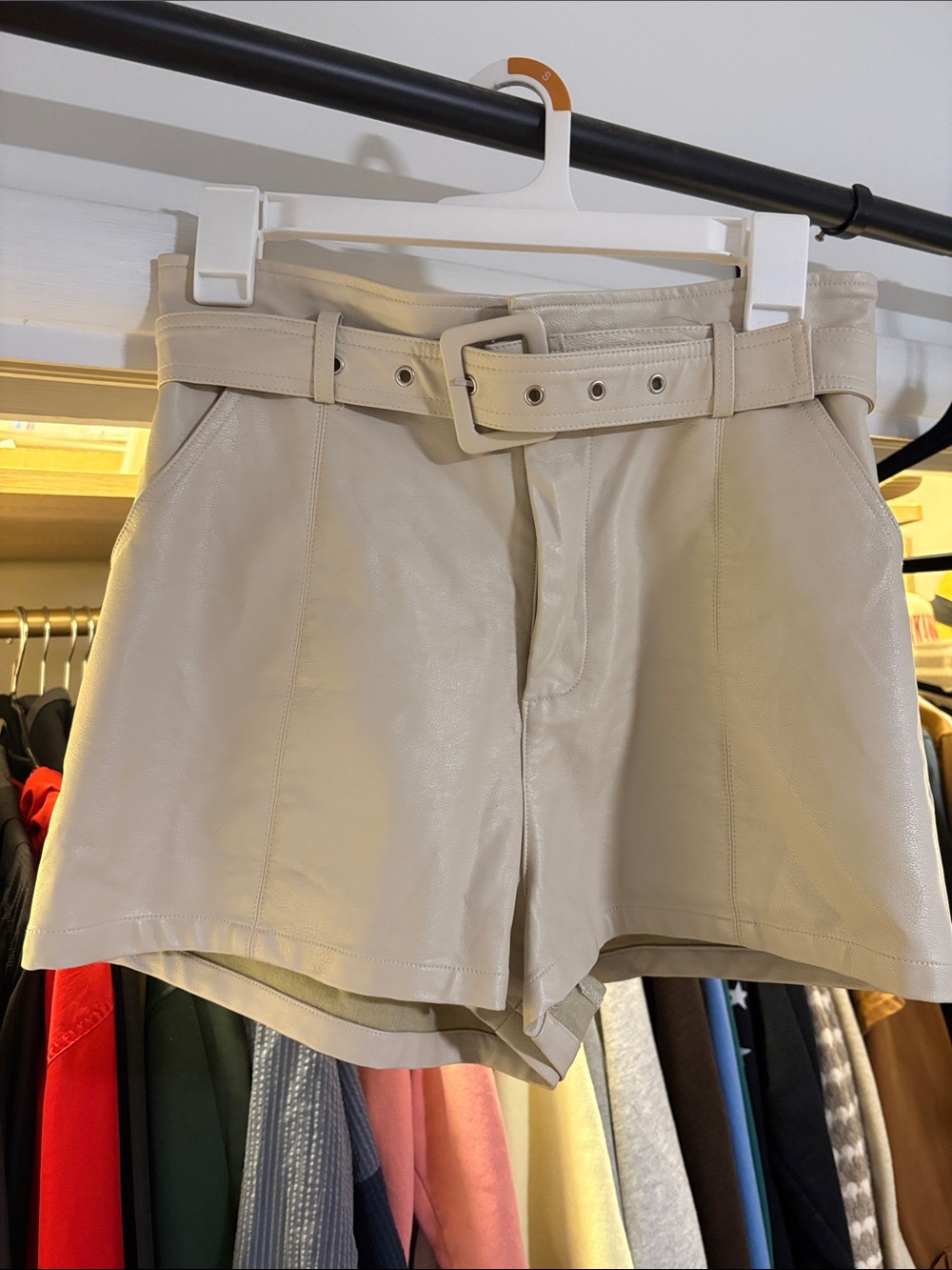 Altar'd State High-Waist Beige Belted Faux-Leather Shorts